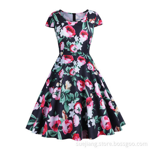 Knee-Length Colorful Printed Fabric Retro Dress